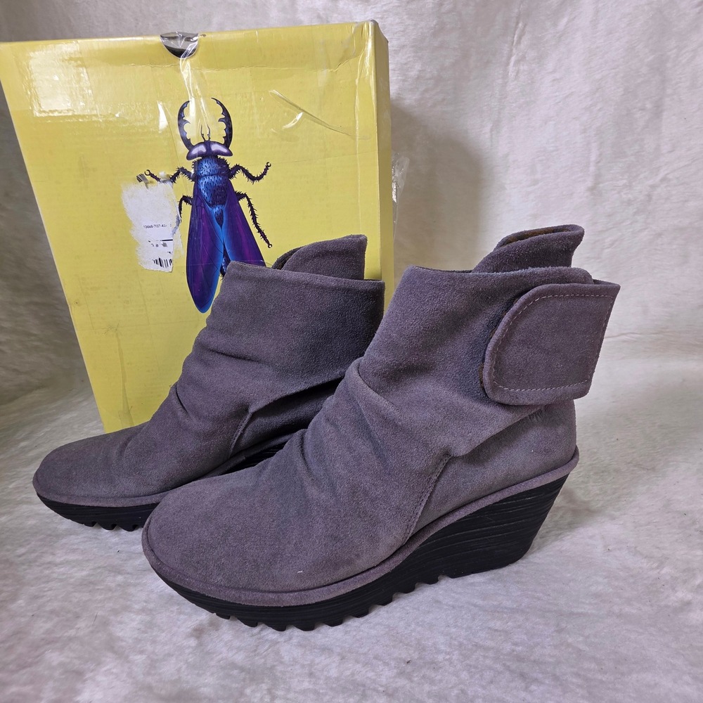 Fly London Yegi Suede Wedge Ankle Boots Platform Soft Ash Grey Womens 40 9